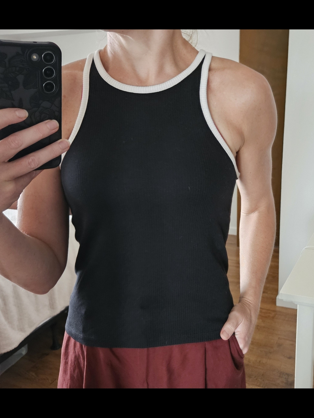 J. Crew Black Ribbed Tank with White Trim, Size Med